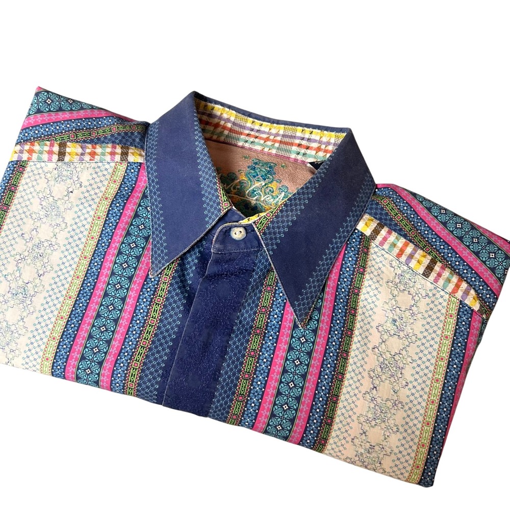 Robert Graham Mens L Blue Pink Striped Western Rodeo Button Down Cotton Silk - Picture 3 of 9